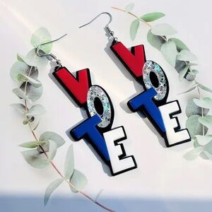 Vote Earrings large drop Earrings, acrylic, silvery USA flag colors women NEW